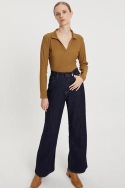 Moda Tutkusu Polo Yaka Örme Desenli Bluz