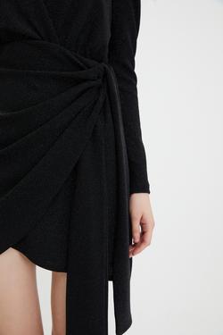 Night Zoom Yakası Fularlı Asimetrik Mini Örme Elbise