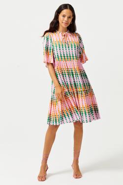 Yakası Bağlamalı Desenli Mini Elbise