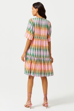 Yakası Bağlamalı Desenli Mini Elbise